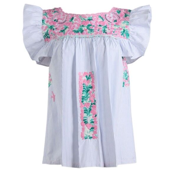 Mi Golondrina Tops - MI GOLONDRINA Blue White Striped Floral Embroidered Soledad Blouse Sz S Bohemian